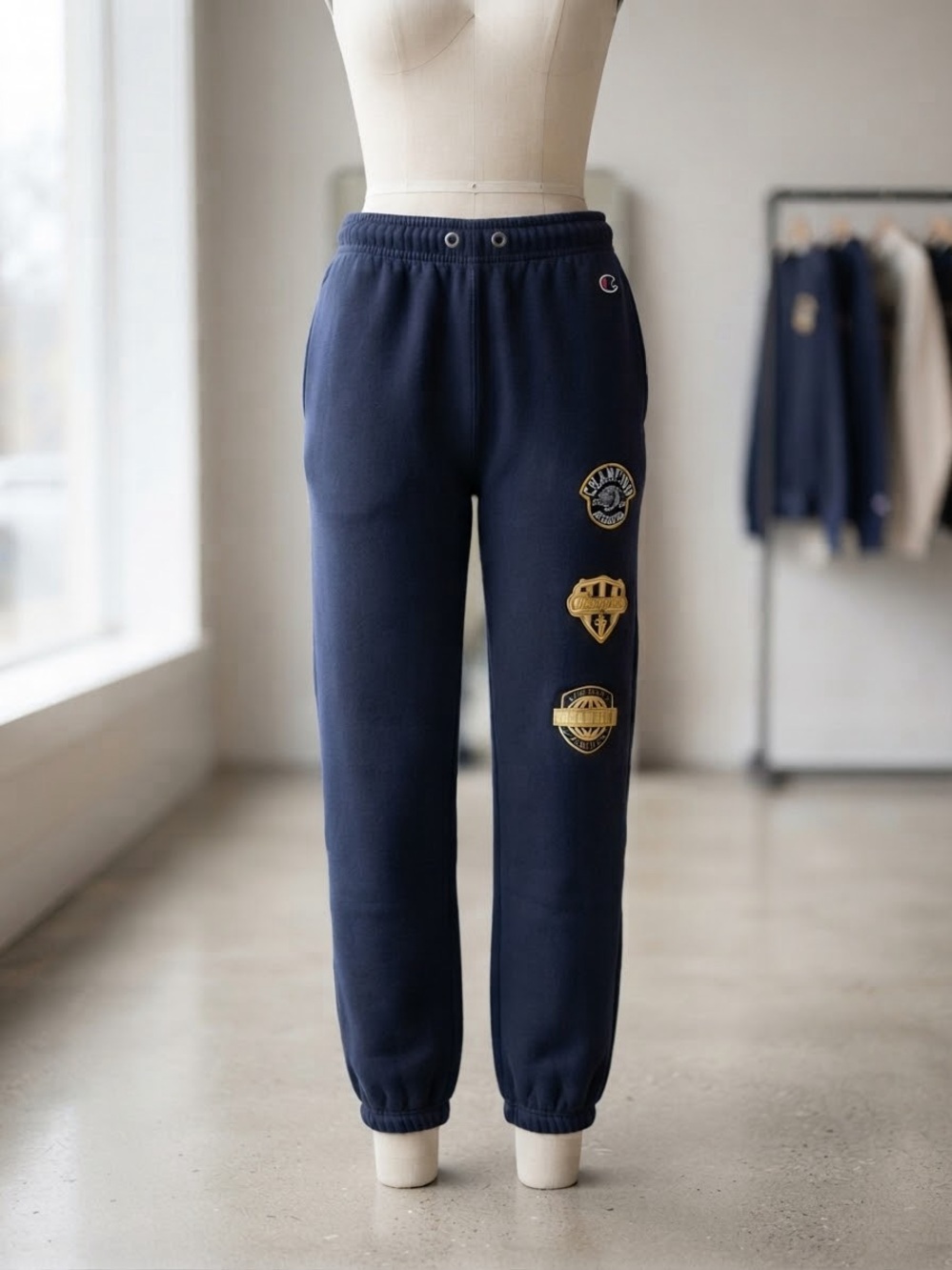 Champion Navy Sweatpants with Gold Patch Accents